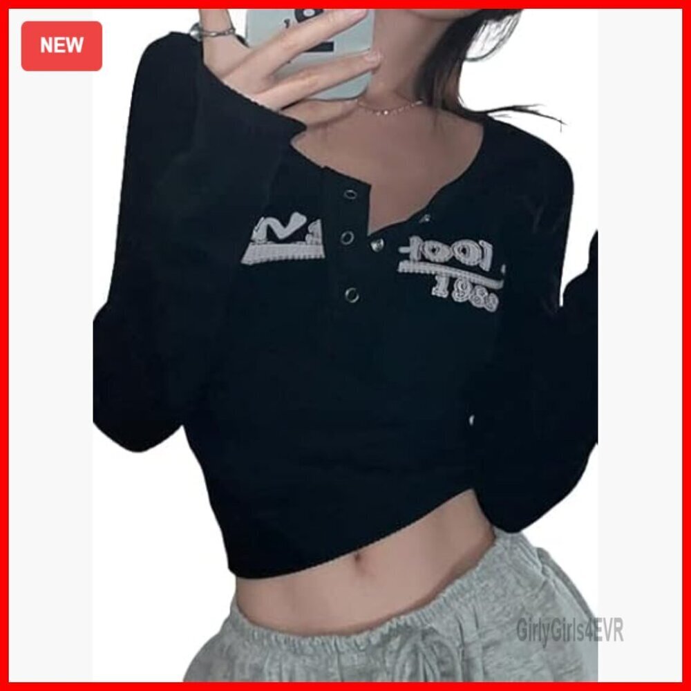 Long Sleeve Lace Panel Henley Top Y2K Fitted Blouse Button Down Shirt